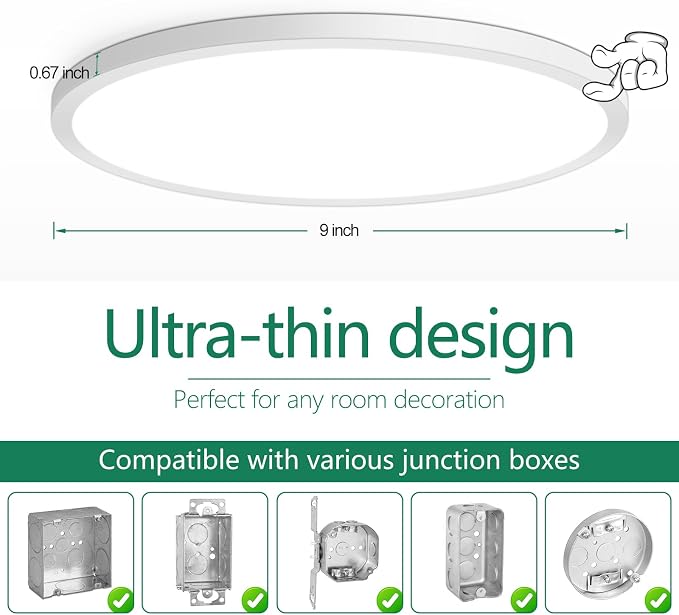 Brightever 9 Inch Flush Mount LED Ceiling Light Fixture, 5-in-1 CCT 2700K/3000K/4000K/5000K/6500K Selectable, 180W Equivalent, 2200LM Super Slim 18W LED Ceiling Lights for Living Room, Porch, 4 Packs