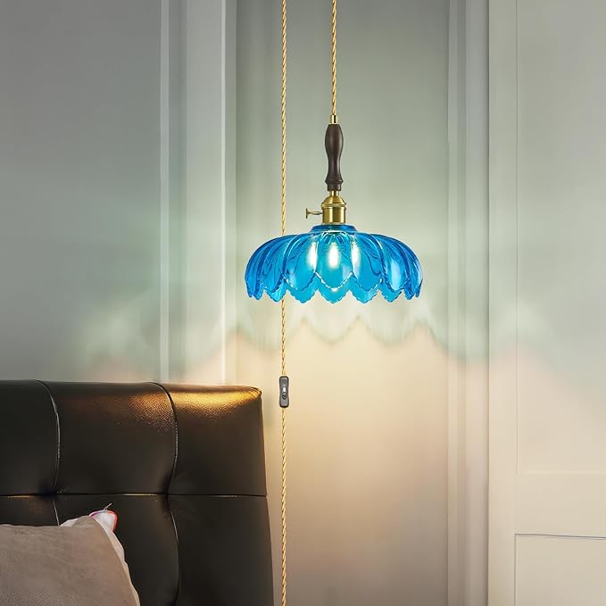 Modern Blue Plug in Glass Pendant Light Retro Flower Glass Hanging Lamp Gold Brass Decorative Adjustable Ceiling Hanging Light Suitable for Kitchen Island Bedroom Dining Room Living Room
