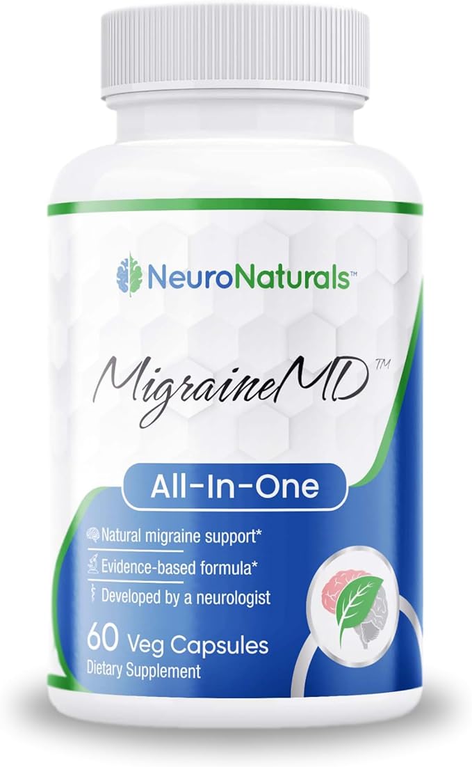 MigraineMD - Prévention naturelle des migraines, soulagement des maux de tête, CoQ10, Bisglycinate de magnésium, Mélatonine, Vitamine B2, Vitamine D3, 60 gélules