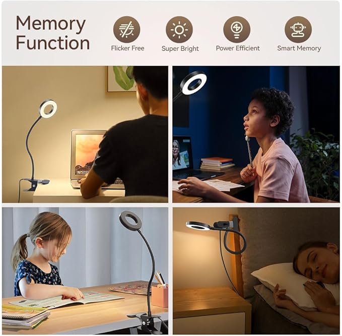 2 Pack LED Clip on Desk Lamp, Metal 360 Adjustable Neck Eye-Caring Clamp Lamp with Memory Function, 3 Color Modes & 10 Brightness Levels for Home, Office, Dorm, Bedroom