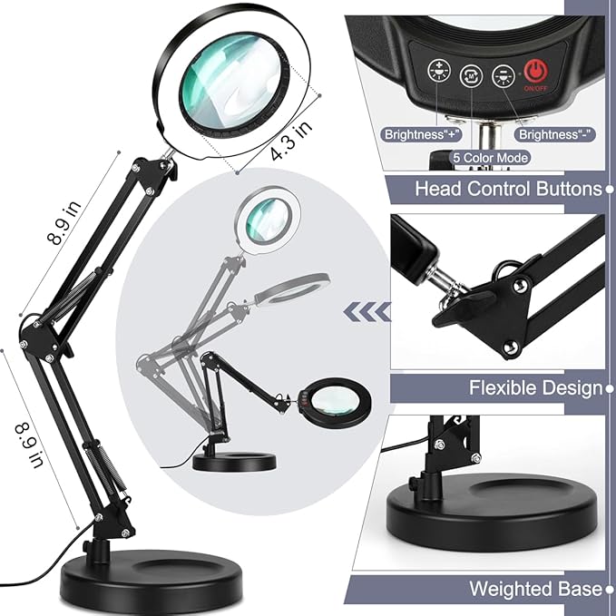 12X Magnifying Glass with Light, Krstlv Upgrade Button 5 Color Modes Stepless Dimmable 2-in-1 LED Lighted Desk Lamp & Clamp, Hands Free Magnifier with Light and Stand for Craft Hobby Repair Close Work