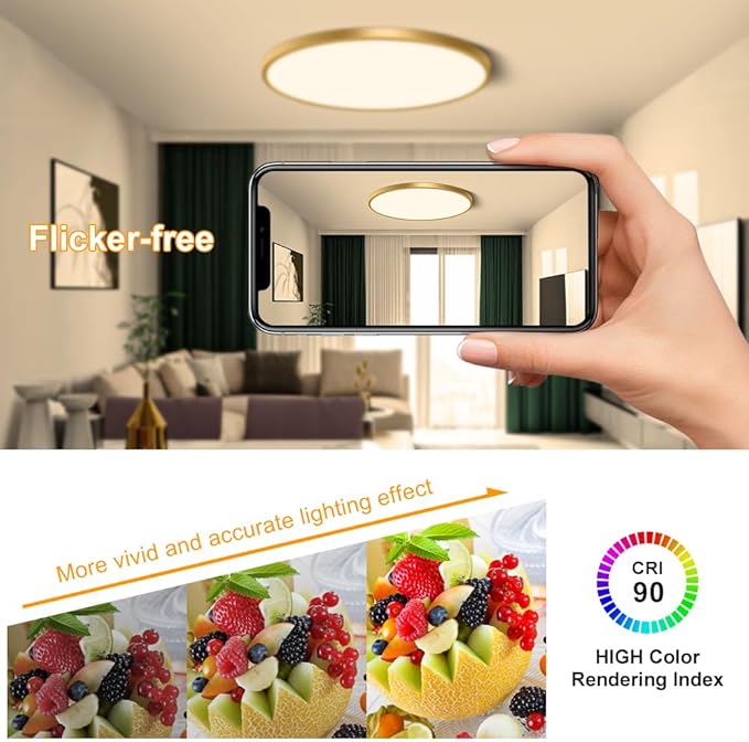 15.7Inch Gold Flush Mount Ceiling Light Fixture, 3000K Warm White, 32W 3800LM Bright LED Ceiling Light, Flat Round Light Fixtures Ceiling Mount for Bedrooms Living Rooms