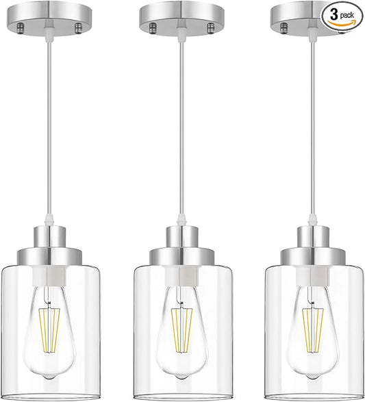 WimiSom Industrial Pendant Lighting, Modern Clear Glass Shade Pendant Lights, Adjustable Hanging Light Fixtures, Farmhouse Pendant Lighting for Kitchen Island Living Room Bedroom Hallway 3-Pack