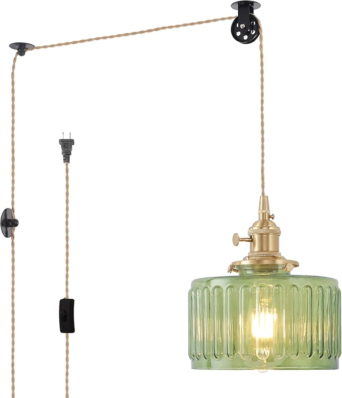 Shenmoyl Plug in Pendant Light Hanging Light Fixture Corded On/Off Switch Brass Pendant Light with Green Striped Glass Lampshade for Bedroom Living Room Kitchen Island