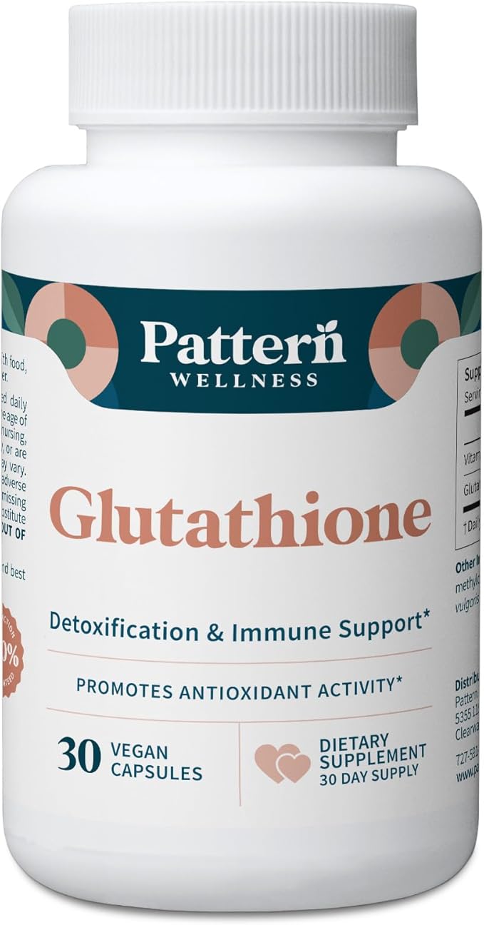 Pattern Wellness Glutathione Supplement - Active Reduced Glutathione Formula with Added Vitamin C - Cell, Antioxidant, + Immune Health Support - 30 Vegan Capsules