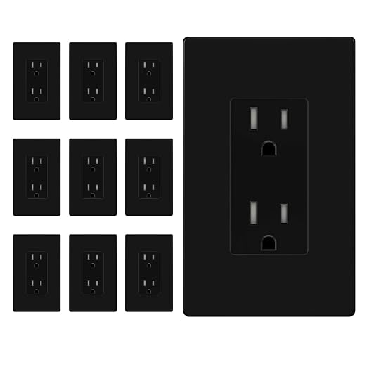 ENERLITES 10 Pack Black Decorator Receptacle with Screwless Wall Plate, Standard Electrical Wall Outlet, 15A 125V, Self-Grounding, 2-Pole, 3-Wire, 5-15R, UL Listed, 61502-TR-BKSID, Tamper Resistant