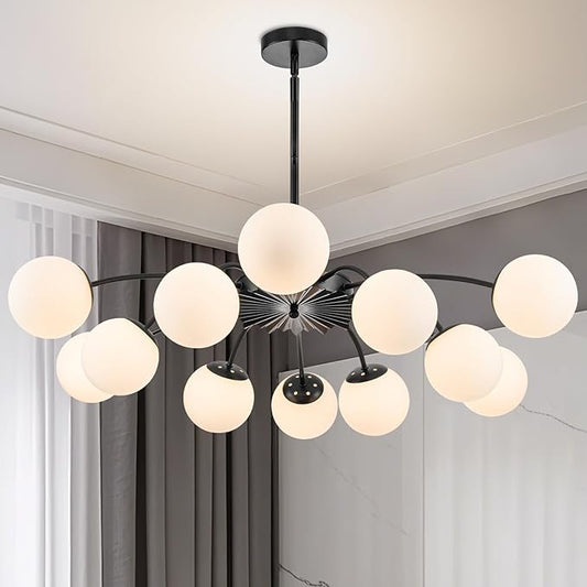 12-Light Milk Glass Pendant Light, 40" Sputnik Bubble Glass Chandelier Light Fixture, Hand Blown Semi Flush Mount Ceiling Chandeliers Lighting for Dining Room, Living Room (Black, 12-Light Chandelier)