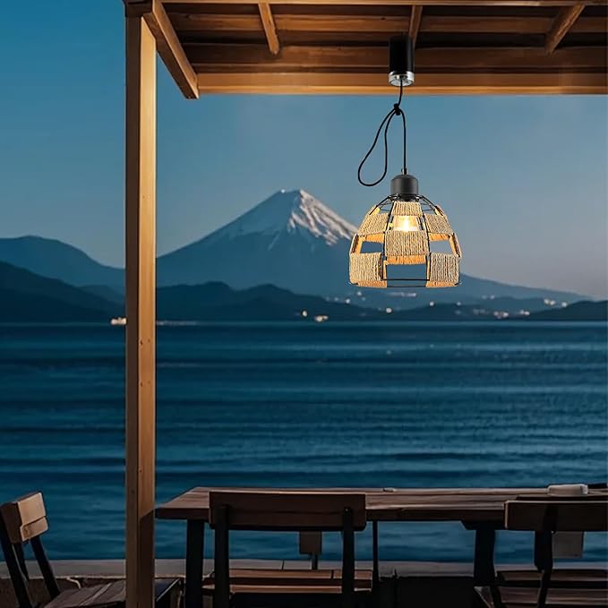 Battery Operated Chandelier with Remote & Timer, 7" Rattan Hanging Pendant Light, 4*AA Powered Cordless Outdoor Indoor Light, Dimmable Outdoor Chandeliers for Gazebo Porch Patio Bedroom Decor（2P）