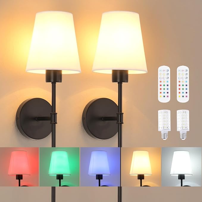 Shenmoyl Rechargeable Wall Sconces Set of 2-80H Battery Life, Dimmable 12 Colors, 22.6" Modern Wall Light for Bedroom Living Room, Black