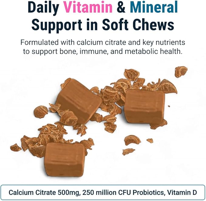 BariatricPal Chews tendres sans sucre au citrate de calcium | 500 mg avec vitamine D et probiotiques | Pomme caramel | 90 comprimés (pour 1 mois)