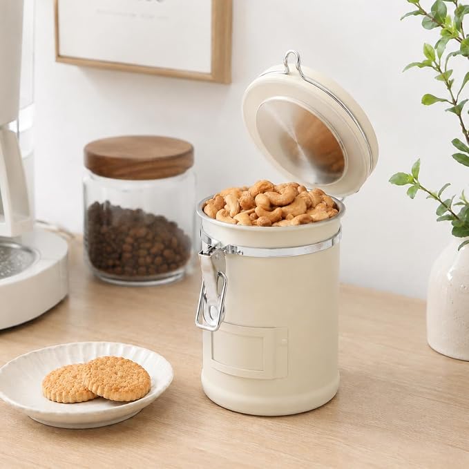 PRINCE G Airtight Coffee Canister, Light-Blocking Stainless Steel Coffee Storage Container with Scoop, 260g Coffee Bean Storage Jar, Beige