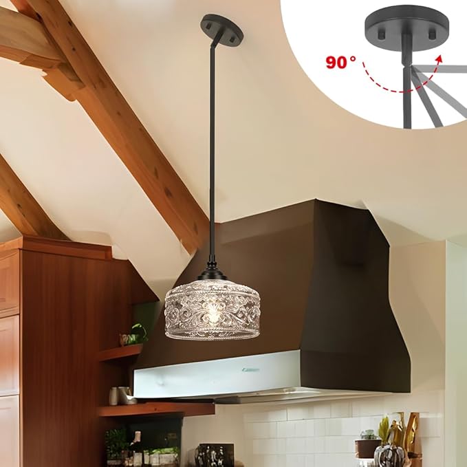 Black Vintage Pendant Lights Kitchen Island, Adjustable Height Kitchen Island Lighting, Bathroom Pendant Light with Clear Glass Shade- Dual Mount Ceiling & Hanging Fixtures with 90° Swivel for Decor