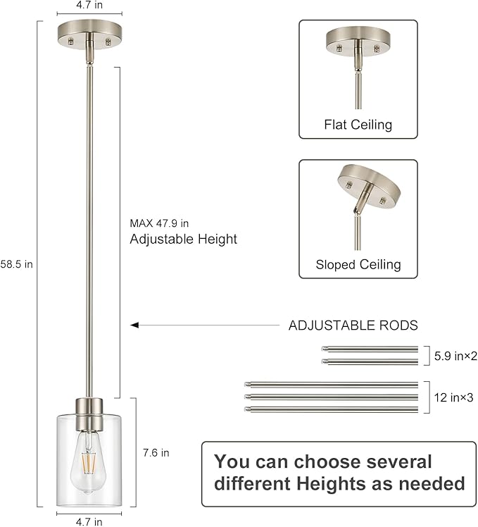 Modern Farmhouse Brushed Nickel Pendant Lights, Mini Hanging Light Fixture with Clear Glass Shade, Adjustable Rods for Kitchen Island, Sink, Bar (2 Pack)
