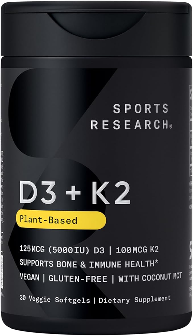 Sports Research® Vitamine D3 + K2 avec huile de noix de coco - Vitamine D végétalienne 5000 UI (125 mcg) et vitamine K MK7 100 mcg pour le soutien osseux et immunitaire - Certifié végétalien · Sans OGM · Sans soja - 30 gélules molles