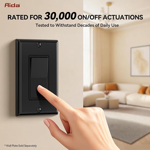 AIDA 3 Way Decorative Light Switch Wall Plate, Electric Switches,15Amp, 120/277 Volt, 3 Way Rocker Switch, Self-Grounding, Residential and Commercial Grade, UL Listed (50, Glossy Black)