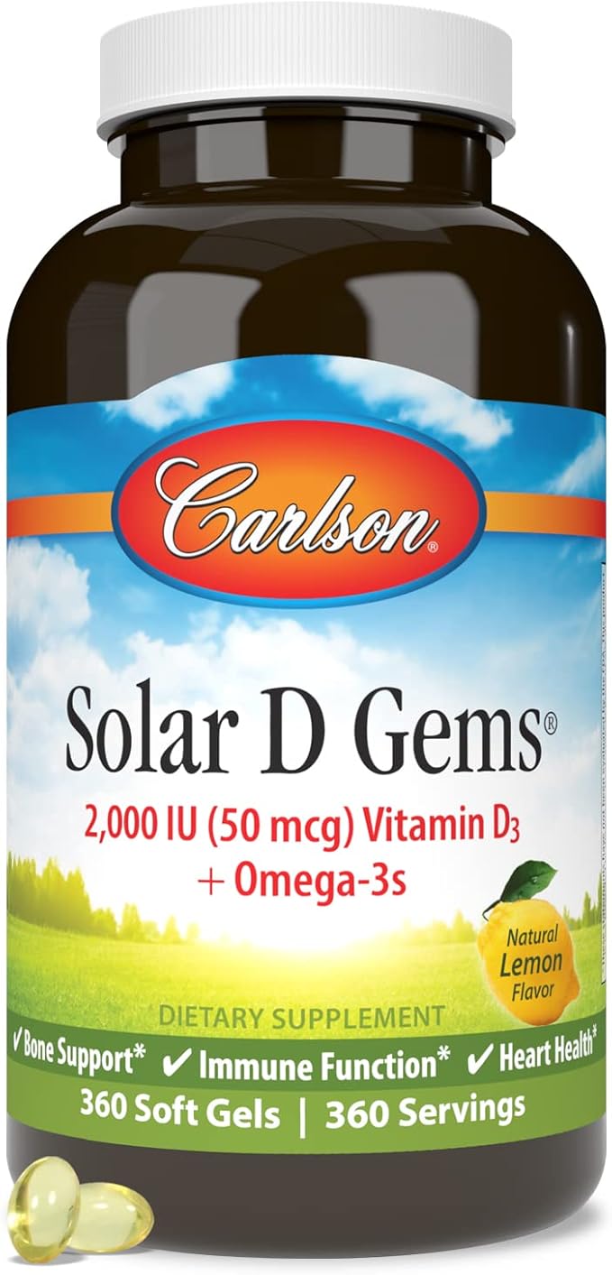Carlson - Solar D Gems、ビタミンD3およびオメガ3サプリメント、2000 IU（50 mcg）ビタミンD3、115 mg オメガ3 EPAおよびDHAサプリメント、天然、持続可能な供給源、レモン、360ソフトジェル