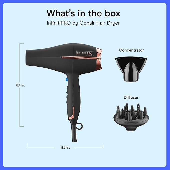 Conair InfinitiPRO AC Motor Pro Hair Dryer | Professional Ionic Ceramic Blow Dryer for Faster, Frizz-Free Drying on All Hair Types, Black, 650AMZL