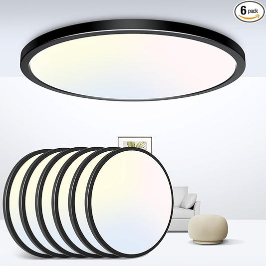 zemty LED Ceiling Light 9 Inch,24W 2400lm Bright Flush Mount Light Fixture 3000K/4500K/6000K Adjustable, Black Thin Flat Ceiling Lamp for Bathroom Closet Pantry Hallway - 6Pack