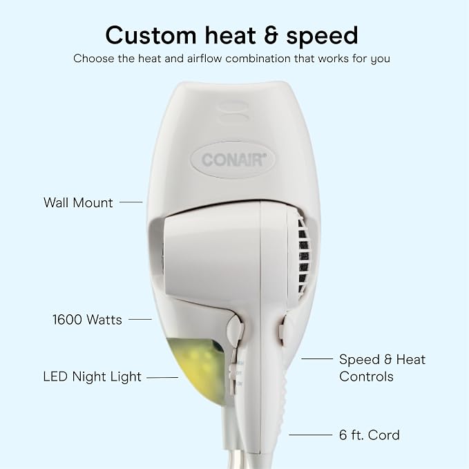 Conair Wall Mount Hair Dryer | Space-Saving Wall Mount Design with LED Night Light, 1600W, for Fine, Medium, and Thick Hair, White, 134L