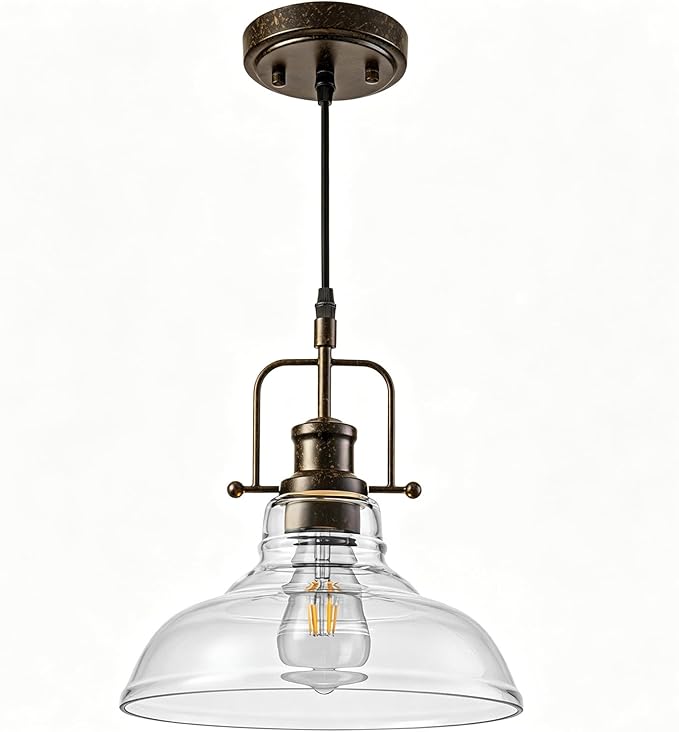 WILON Pendant Lights Kitchen Island Lighting, 11" Rust-Coloured Farmhouse Hanging Light Fixture, Kitchen Pendant Lighting Over Island Clear Glass Shade for Dining Hallway Entryway Bar