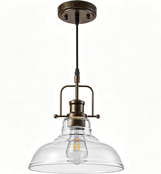 WILON Pendant Lights Kitchen Island Lighting, 11" Rust-Coloured Farmhouse Hanging Light Fixture, Kitchen Pendant Lighting Over Island Clear Glass Shade for Dining Hallway Entryway Bar