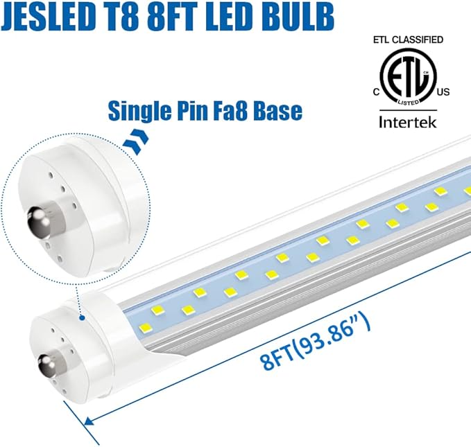 JESLED 8FT LED Bulbs, Single Pin Fa8 Base, 50W (130W Equiv.), 5000K Daylight, 6000LM, 8 Foot T8 T10 T12 LED Tube Lights, 96'' LED Replacement for Fluorescent Light, ETL Listed, Ballast Bypass, 12 Pack