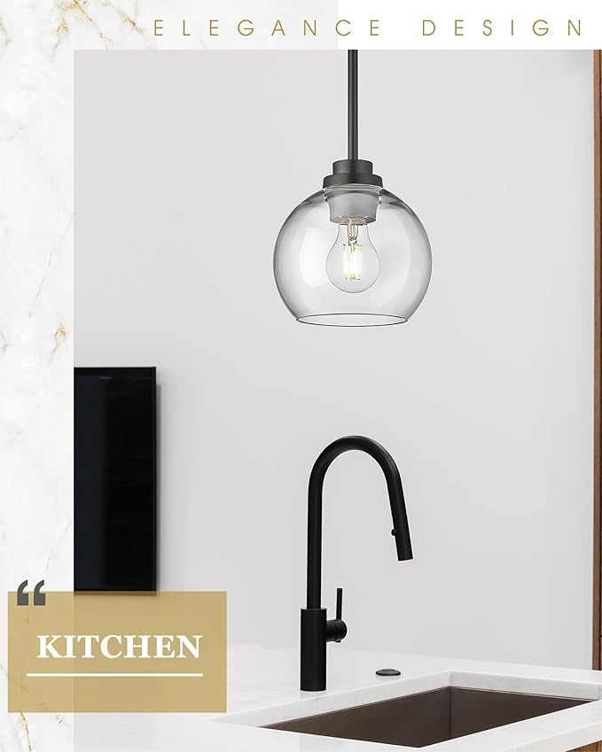 Pendant Lights Kitchen Island, 7" Modern Black Hanging Lights Fixtures with Clear Glass Globe Shade, Kitchen Island Lighting for Bathroom, AD-22280-1P-BK-C