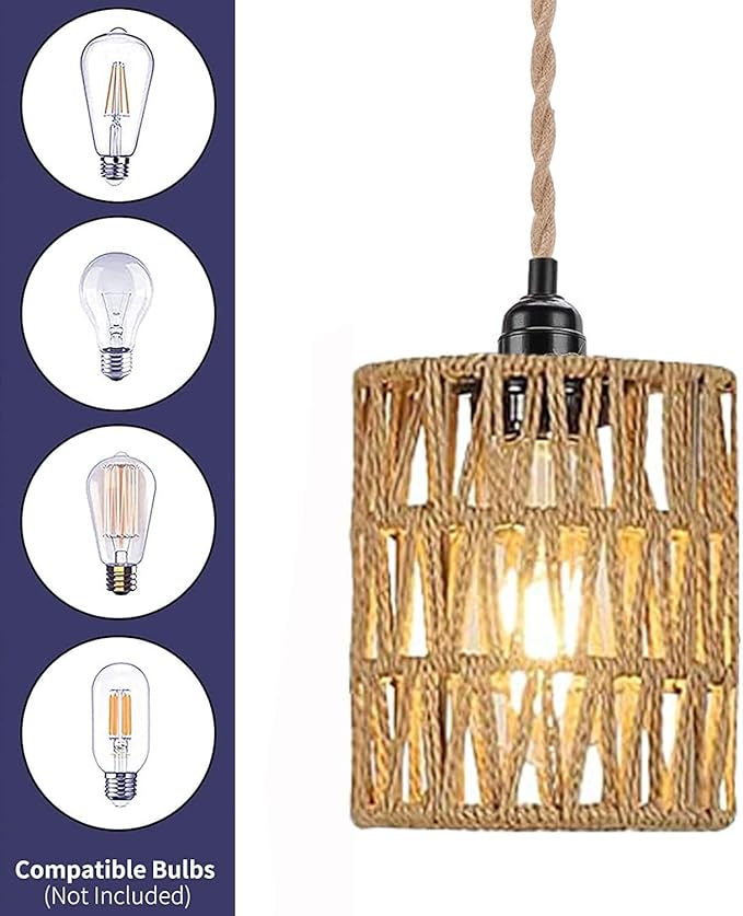 2X Boho Plug in Pendant Light, Hanging Light with Plug in Cord Ceiling Lamp Rattan Cylinder Lamp Shade On-Off Switch Hanging Plant Shelf Shelves Bohemian Decor for Bedroom Living Room Corner