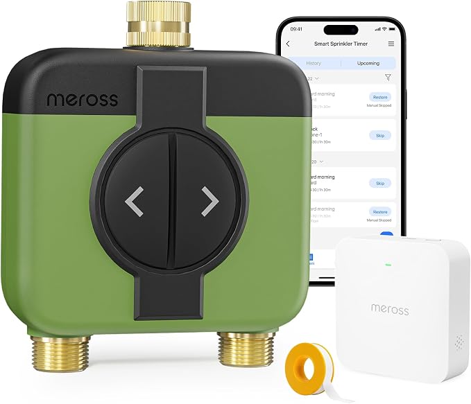 meross WiFi Water Timer for Garden Hose, 2 Zone WiFi Hose Timer with Brass Inlet and Outlet, WiFi Sprinkler Controller, Rain Delay, Smart Water Valve for Garden, Lawn & Yard, Remote & Voice Control