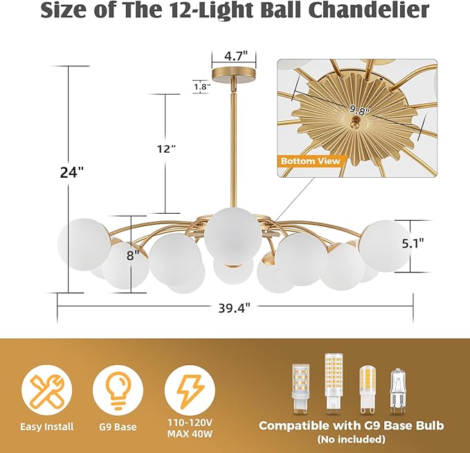 12-Light Milk Glass Pendant Light, 40" Sputnik Bubble Glass Chandelier Light Fixture, Hand Blown Semi Flush Mount Ceiling Chandeliers Lighting for Dining Room, Living Room (Gold, 12-Light Chandelier)
