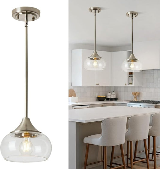 Modern Pendant Lights for Kitchen Island, Brushed Nickel Pendant Light Fixtures with 8.5" Clear Glass Shade, Industrial Hanging Pendant Lights Fixture for Kitchen Island Dining Room Entryway 1 Pack