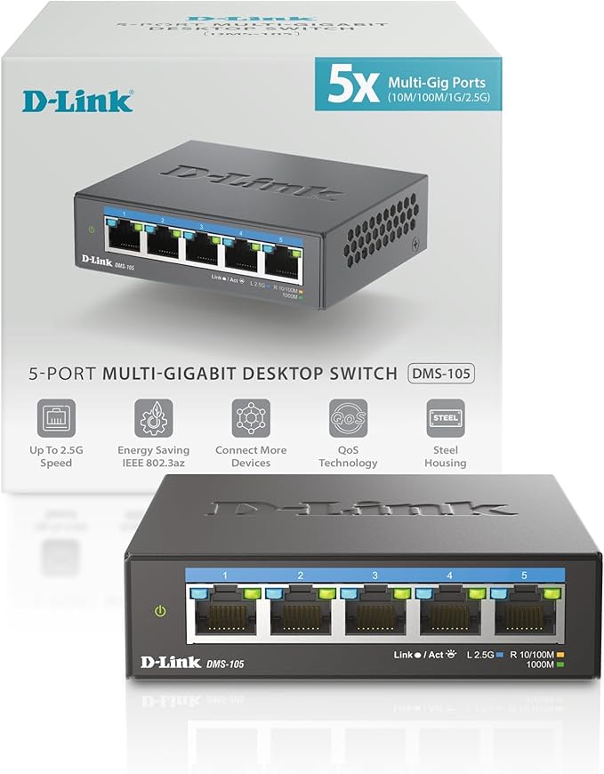 D-Link 5-Port 2.5GB Unmanaged Gaming Switch with 5 x 2.5G - Multi-Gig, Network, Fanless, Plug & Play (DMS-105),Black