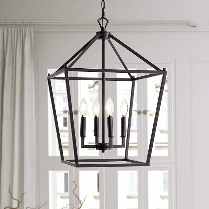 JONATHAN Y 16" Oil Rubbed Bronze Lantern Pendant Light, 4-Light Pagoda Style Metal Cage Farmhouse Hanging Ceiling Fixture for Kitchen Island, LED Bulb Included (JYL7437A)