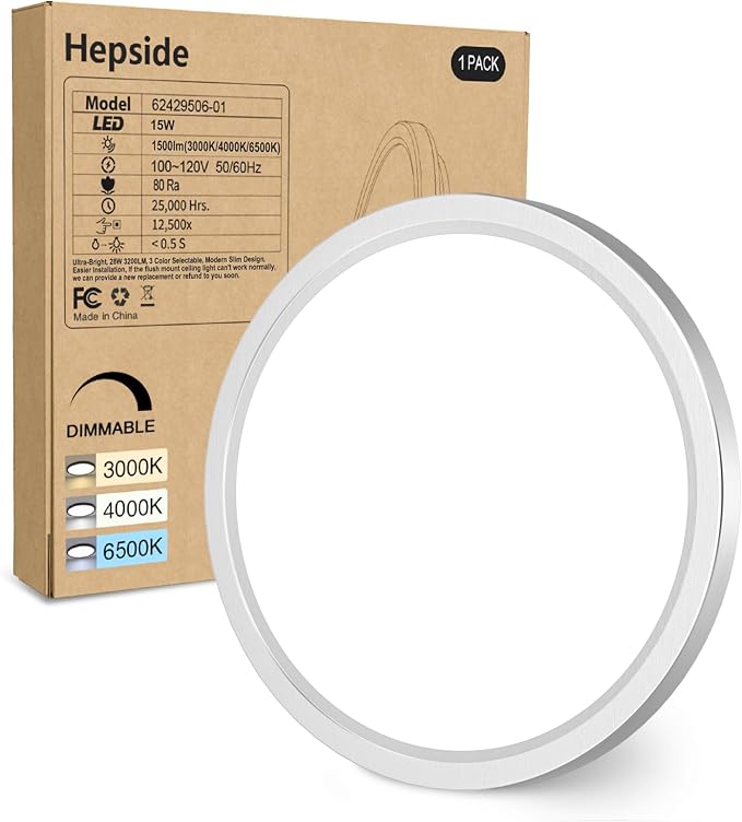 hepside 1Pack Dimmable Flush Mount Ceiling Light Fixture Brushed Nickel, 3000/4000/6500K Ceiling Lamp, 7.5INCH 15W 1500LM Low Profile Light for Bedroom, Kitchen, Bathroom, Hallway