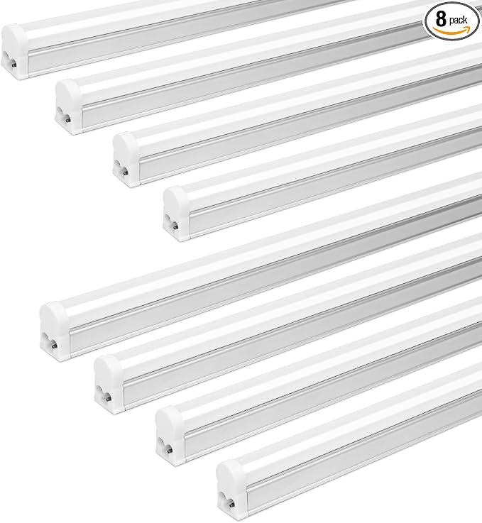 8 Pack LED T5 Integrated Single Fixture, 4FT, 2200lm, 6500K Super Bright White, 20W Utility LED Shop Light, Ceiling and Under Cabinet Light, Corded Electric with ON/Off