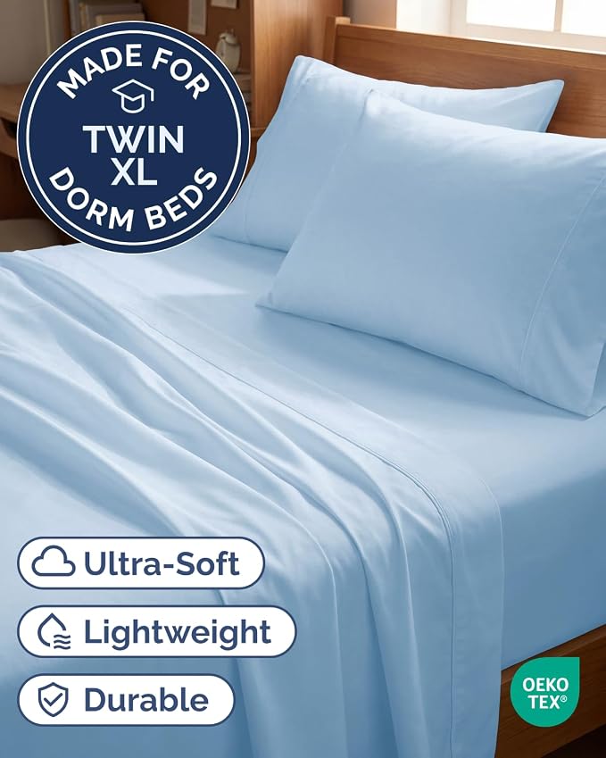 Twin XL 4 Piece Sheet Set - Comfy Breathable & Cooling - Ultra-Soft Hotel Luxury Bedding Set w/ 8-16 Inch Deep Pockets - 1 Flat & 1 Fitted Sheet & 2 Pillowcases - Wrinkle Free & Easy Care - Baby Blue