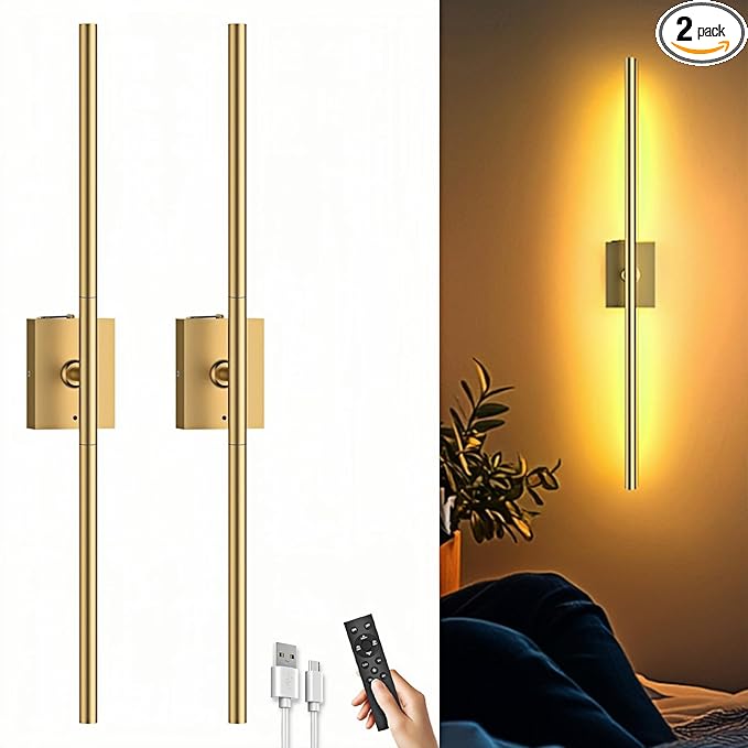 Battery Operated Wall Sconces Set of Two: Dimmable Wireless Wall Lights with Remote, 31-inch LED Rechargeable Sconces, 360° Lighting Wall Scone Decor for TV, Mirror, Bedroom, Living Room(Gold)
