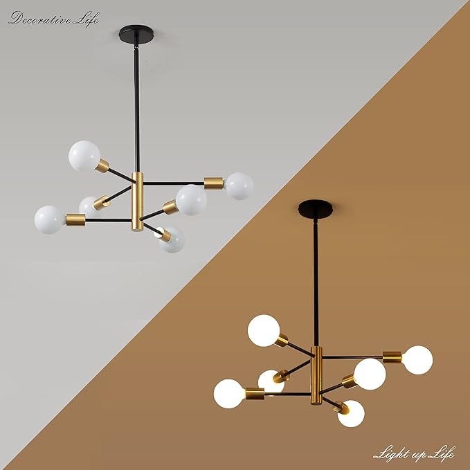 KAISITE Modern Sputnik Chandelier - 6 Light Chandelier with Height Adjustment, Black and Gold Finish for Kitchen, Bedroom and Foyer