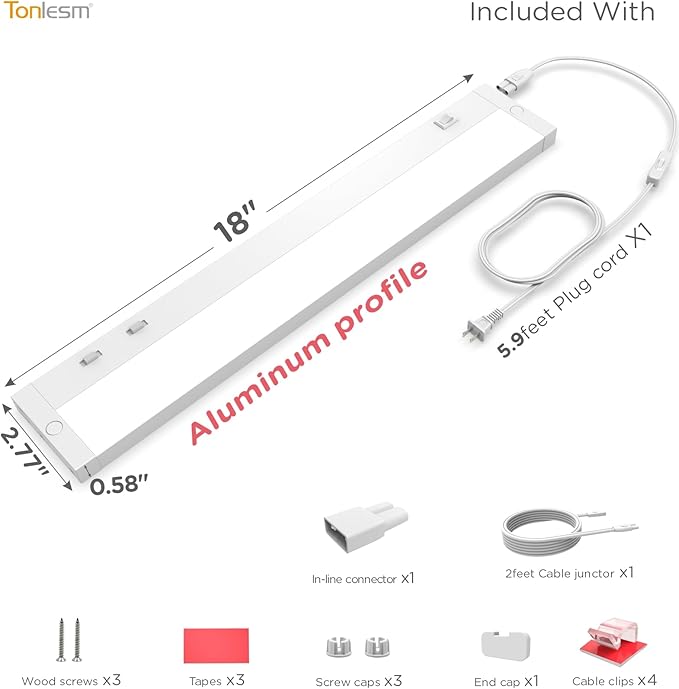 18 Inch Under Cabinet Lighting Plug in, 10W 120V 3 Color 3000K/4000K/5000K, 3 Brightness, Super Bright, Ultra Thin Under Counter Lights for Kitchen, Linkable LED Cabinet Light, White