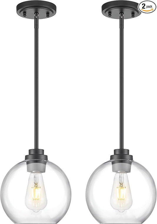 2 Pack Pendant Lights Kitchen Island, 8" Black Pendant Light Fixtures with Globe Clear Glass Shade, Modern Kitchen Island Lighting for Bathroom, AD-22280-2PL-BK