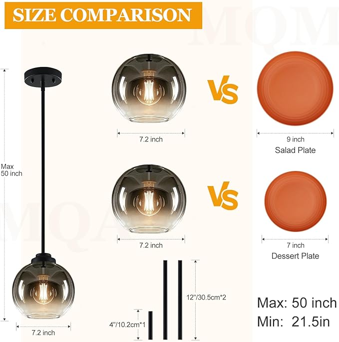 2 Pack 22"-50" Height Adjustable Glass Pendant Lights Kitchen Island, Globe Matte Black Pendant Lights with Grey Glass Shade, Mid Century Pendant Light Fixtures Kitchen Pendant Lighting over Island