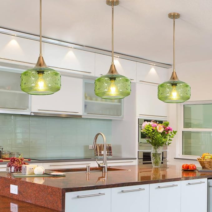 Retro Gold Pendant Light Fixtures Kitchen Island Lighting, Brass Pendant Light with Large Thickened Green Glass Globe Shade, Adjustable Hanging Light for Dining Room Bathroom Entryway, Rotation Angle