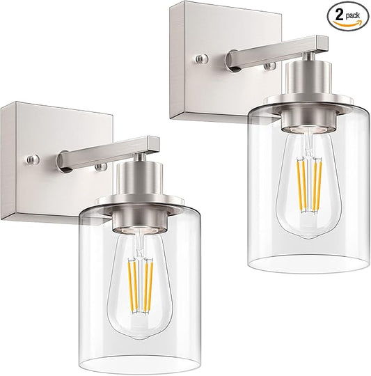 Licperron Wall Sconces Set of Two, Brushed Nickel Modern Wall Sconces Lighting with Clear Glass Shade, Industiral Bathroom Vanity Light Fixtures, Farmhouse Wall Lamp for Bedroom Mirror Living Room