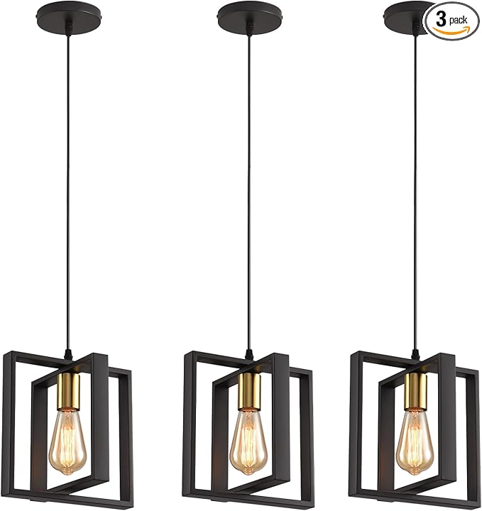Black Pendant Lights for Kitchen Island Industrial Lantern Pendant Light Fixtures with Golden Lamp Cup, Farmhouse Adjustable Height Hanging Pendant Lighting