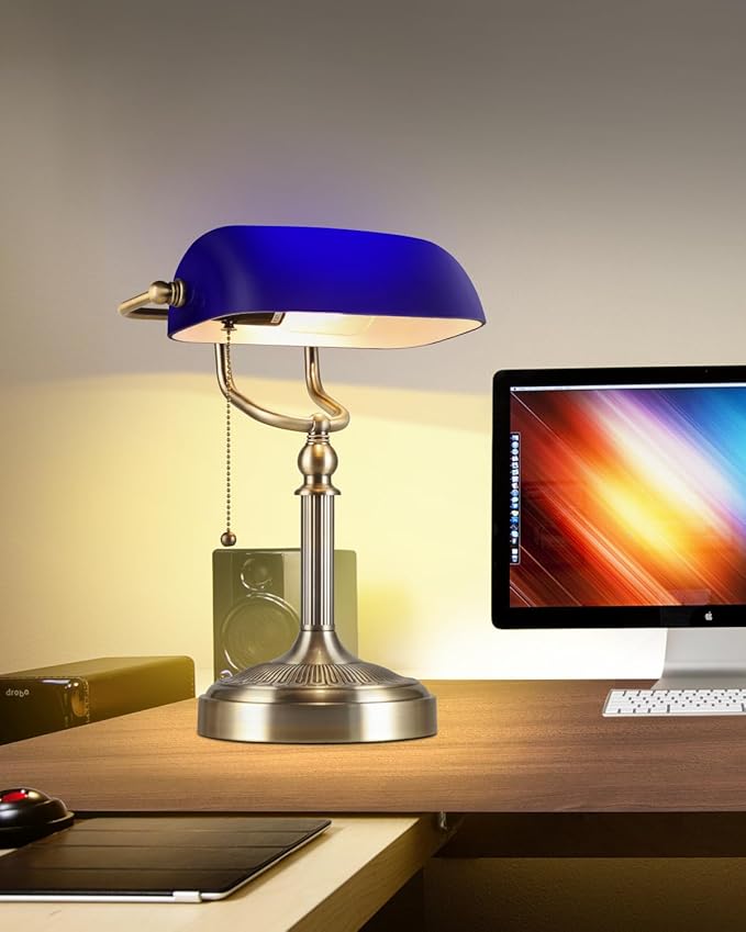Blue Glass Bankers Desk Lamp with Pull Chain Switch Plug in Fixture for Home Office,Library
