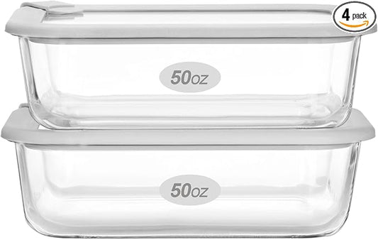 Glass Food Containers with Glass Lid, Microwave Safe Food Storage Container Set, 2 Pack of 50oz, Large Size Airtight Storage Set with Leak Proof Lids, Meal Prep Containers