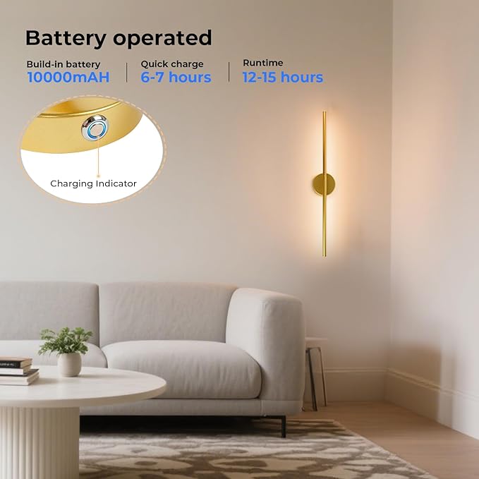 GvvooHome Battery Operated Wall Sconces Set of 2, 10000mAh Wireless Rechargeable Wall Lights Dimmable Detachable Wall Lamp with Remote Control, 3000K-6500K Dimmable Wall Sconce 28.3 Inch Gold