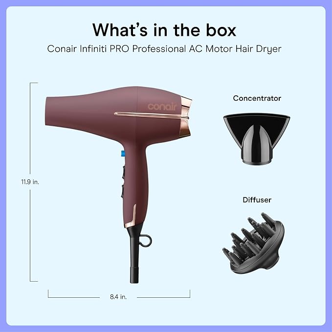 Conair Professional AC Motor Hair Dryer | Fast Drying Professional Airflow for All Hair Types, Includes Concentrator and Diffuser, Plum, 650AML