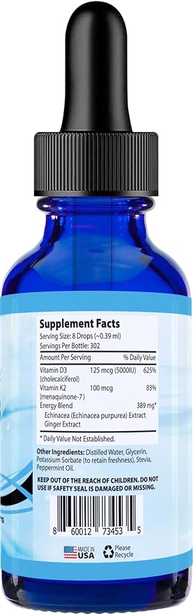 Gouttes de Vitamine D3 K2 Absonutrix, 390mg, 120 ml Liquide, 302 Doses, Fabriqué aux États-Unis, Absorption Rapide, Ingrédients Puissants de Qualité, Sans OGM, Certifié BPF, Produits Non Testés sur les Animaux, Compléments pour la Force des Os