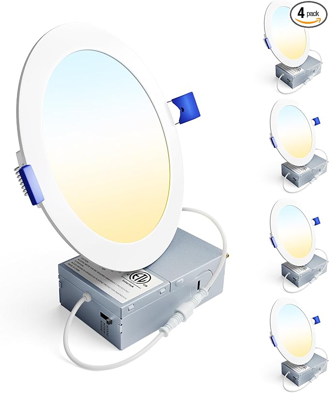 Ensenior 4 Pack 6 Inch LED Recessed Light, Dimmable, 3000K-5000K 3CCT, 1200LM High Brightness, 12W 120V, 3 Pin, ERL-12X-ETL, Damp Rated, Ultra-Thin Canless Wafer Ceiling Light - ETL & FCC & IC